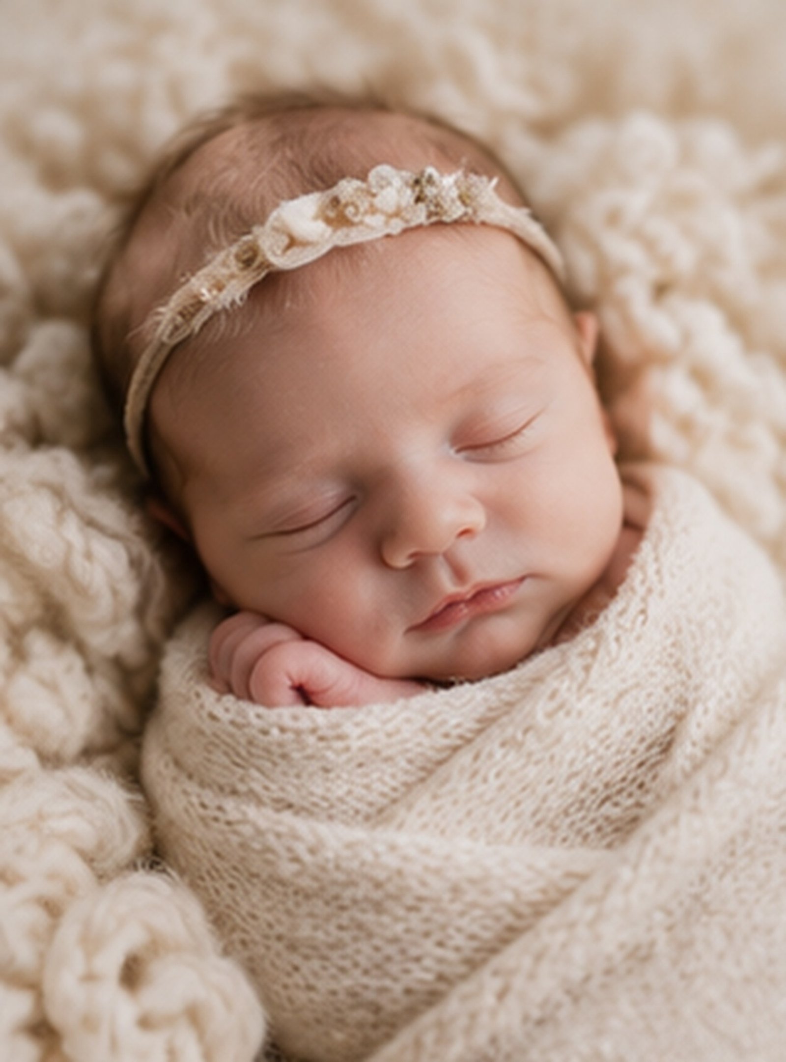Sleeping newborn baby wearing a delicate headband, wrapped in a cream knit swaddle