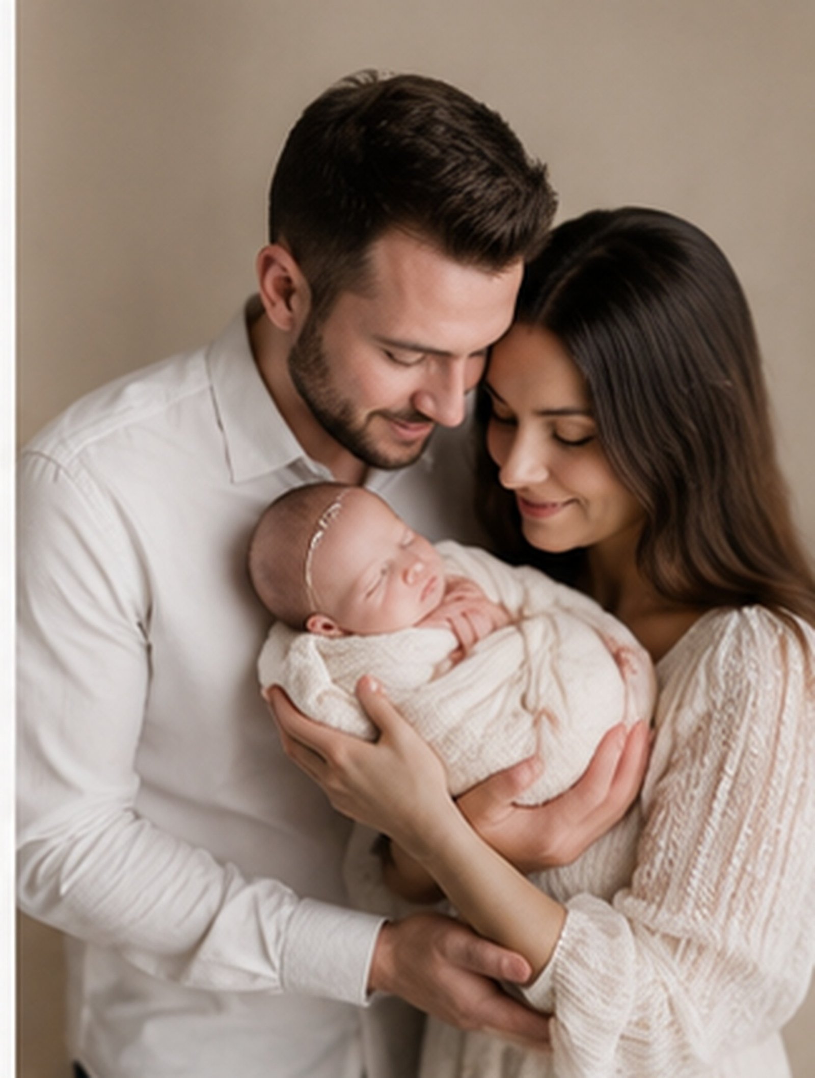 Parents holding their wrapped newborn baby close together