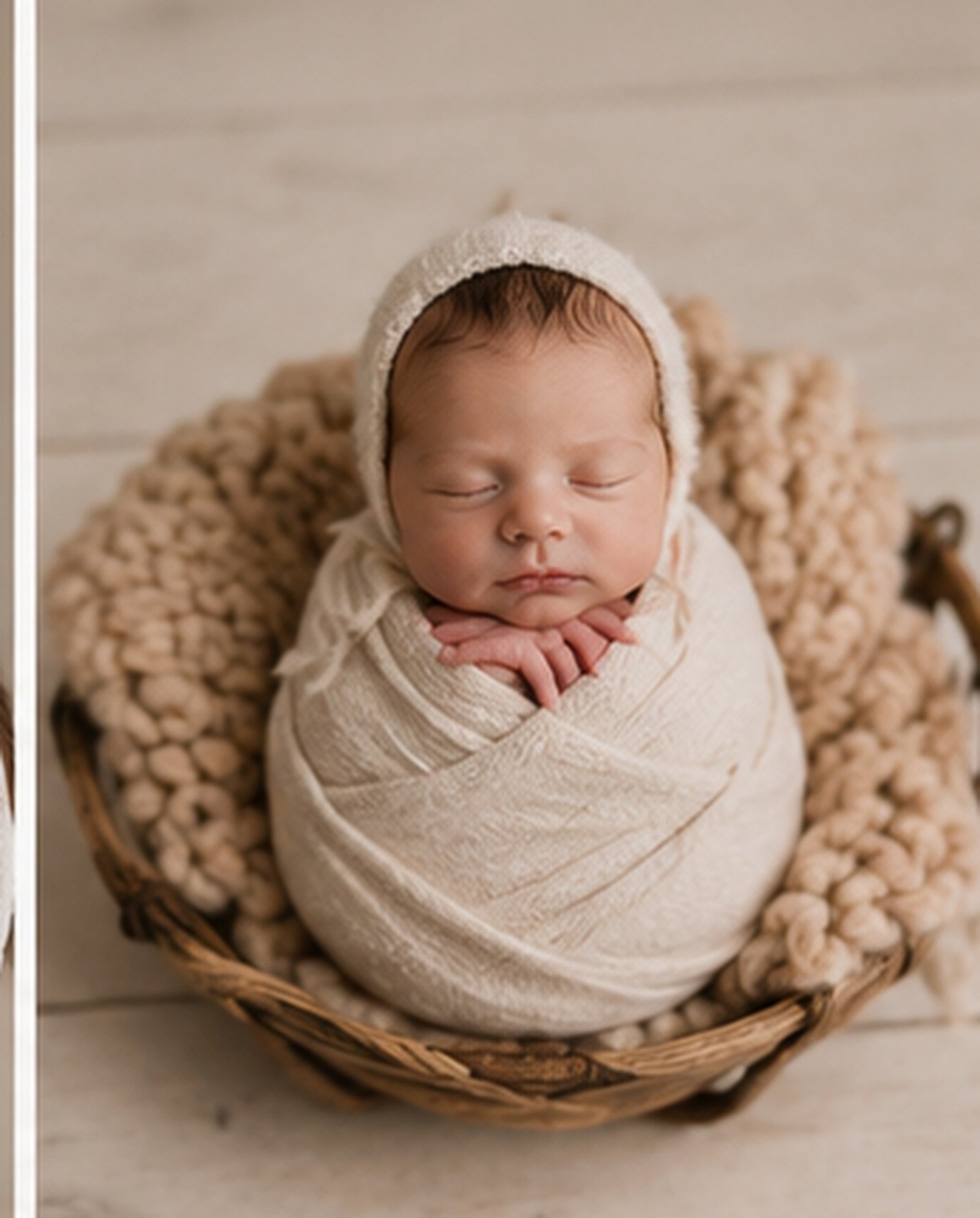 Newborn baby wrapped and sleeping in a woven basket