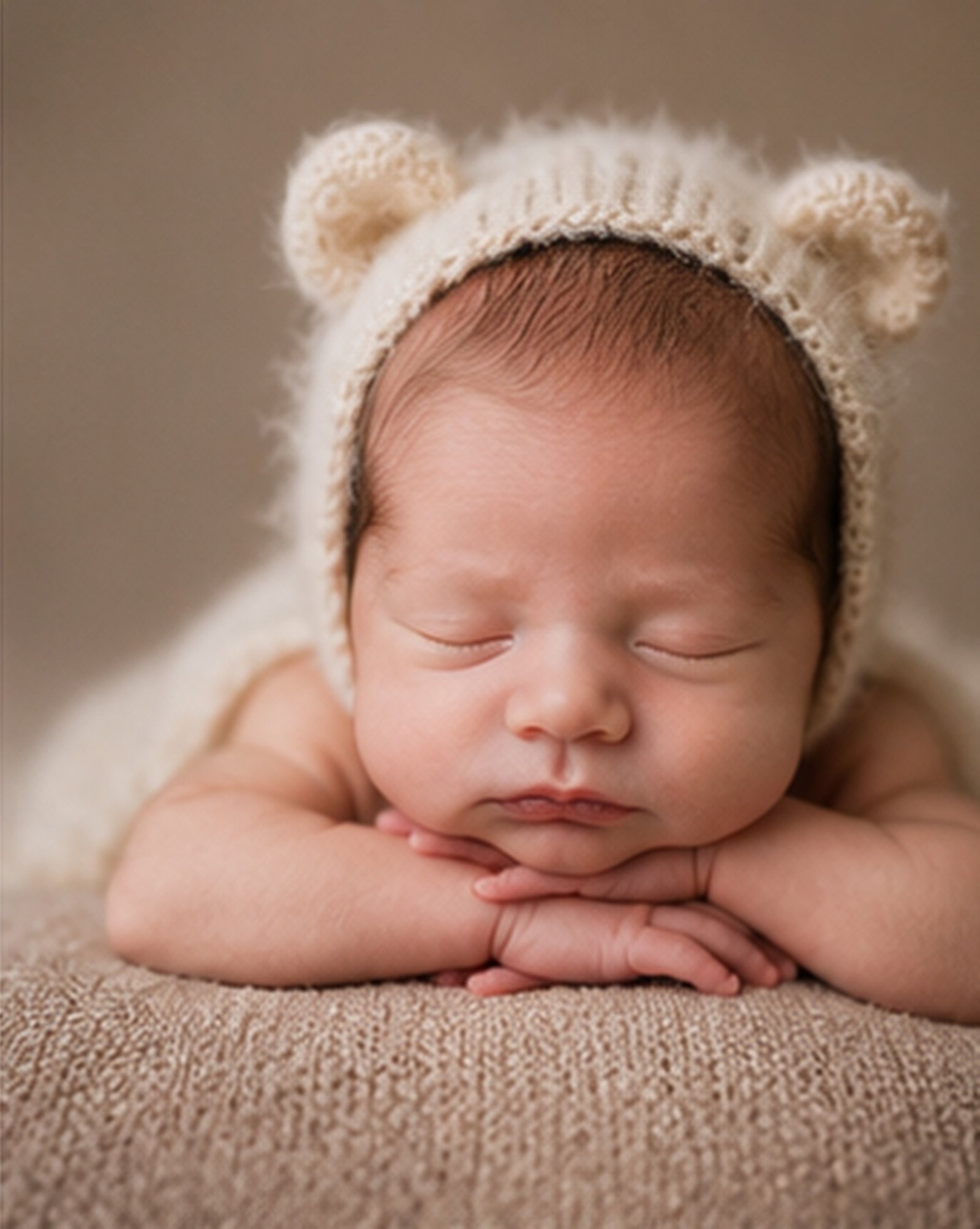 Newborn baby wearing a knit bear bonnet, chin resting on folded hands