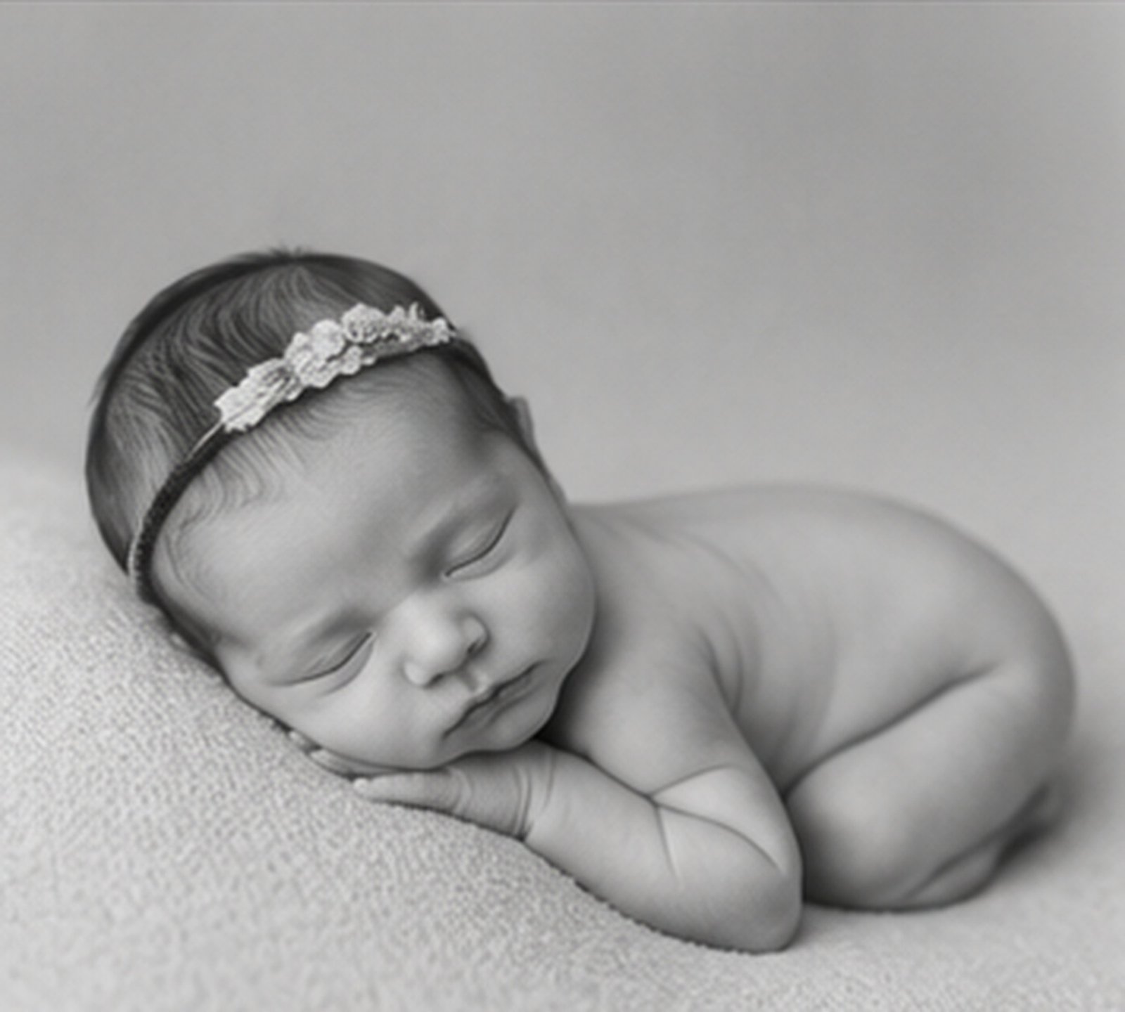 Black and white fine-art portrait of a sleeping newborn baby