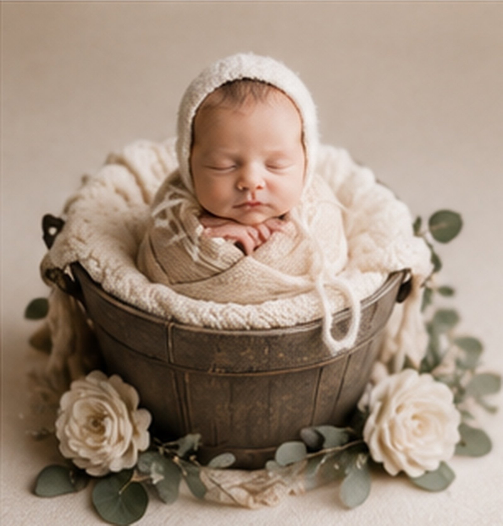 Sleeping newborn baby in a rustic bucket photography setup with eucalyptus and florals