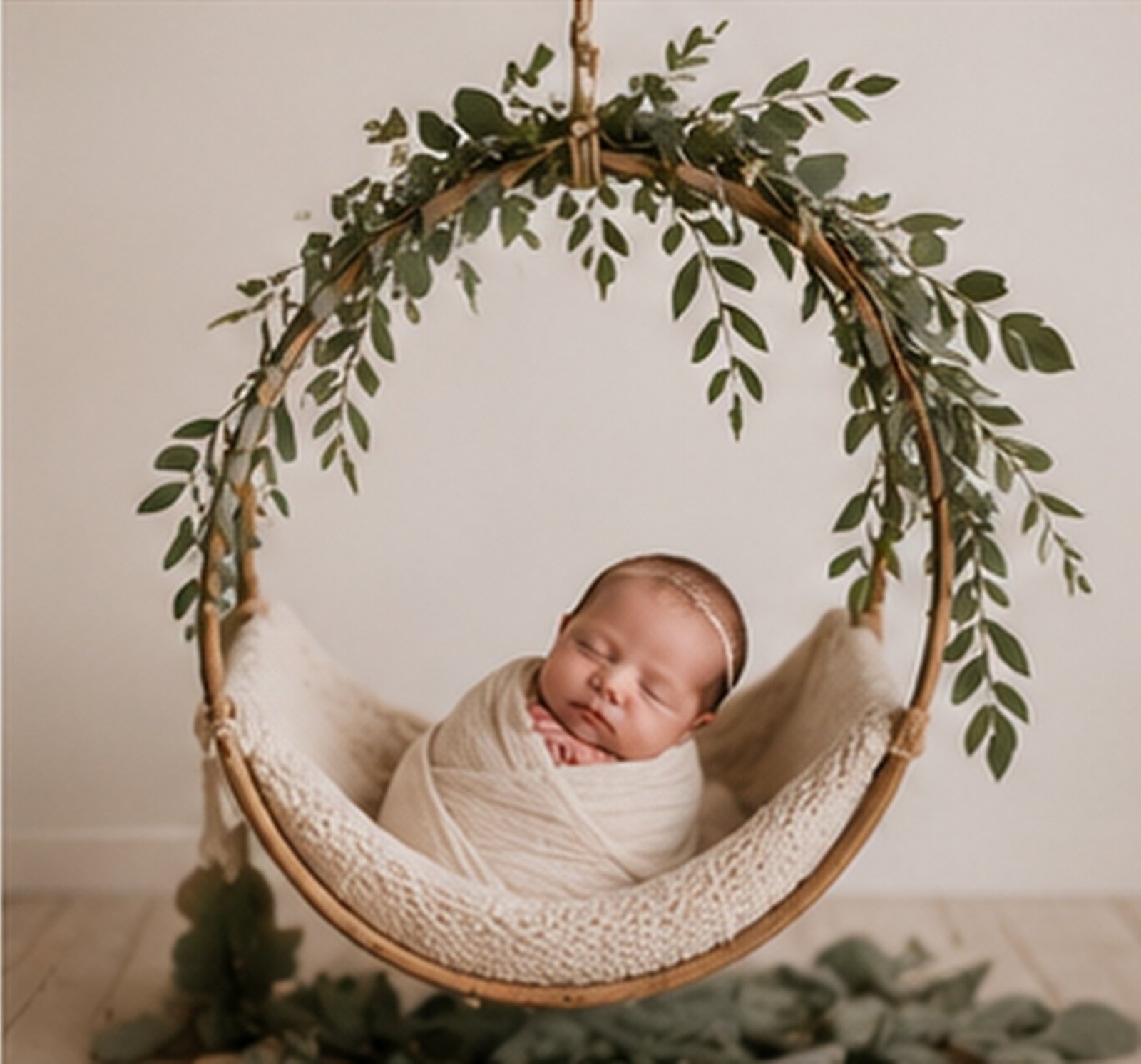 Newborn baby sleeping in a hanging basket swing surrounded by greenery