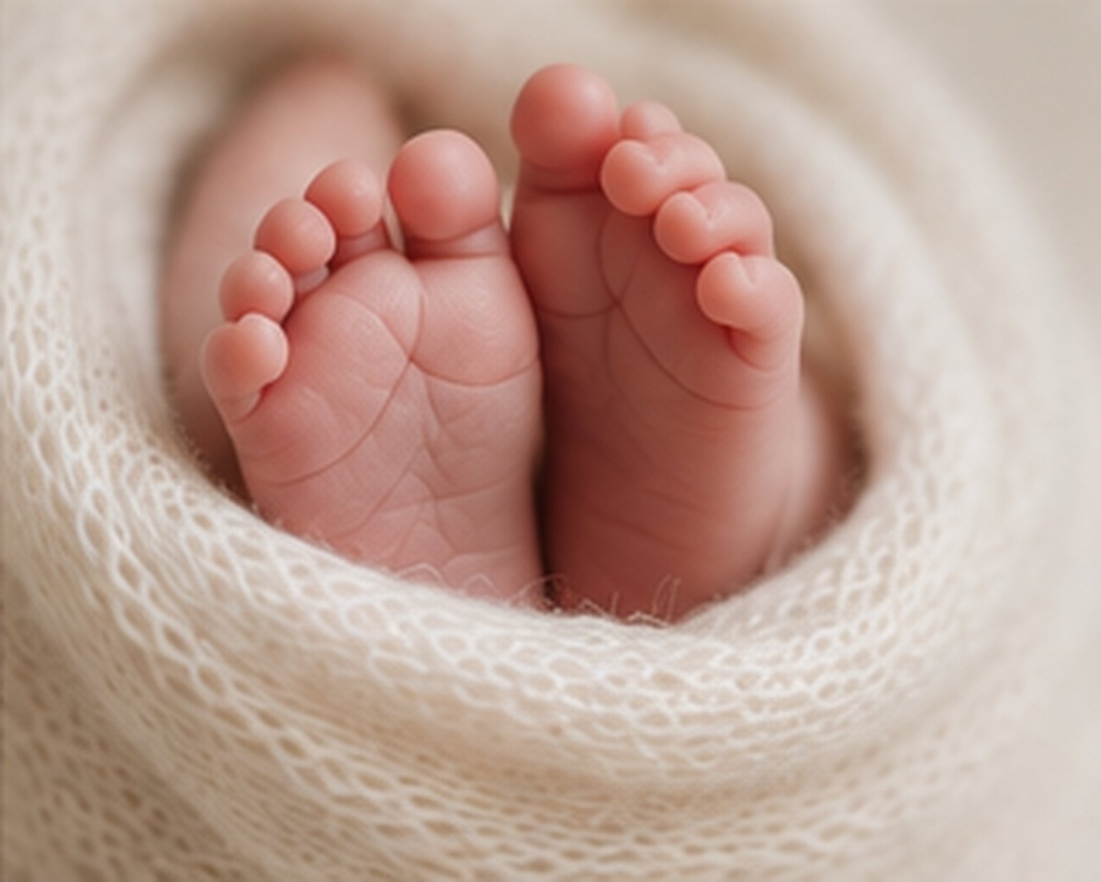 Close-up detail of a newborn baby’s tiny feet