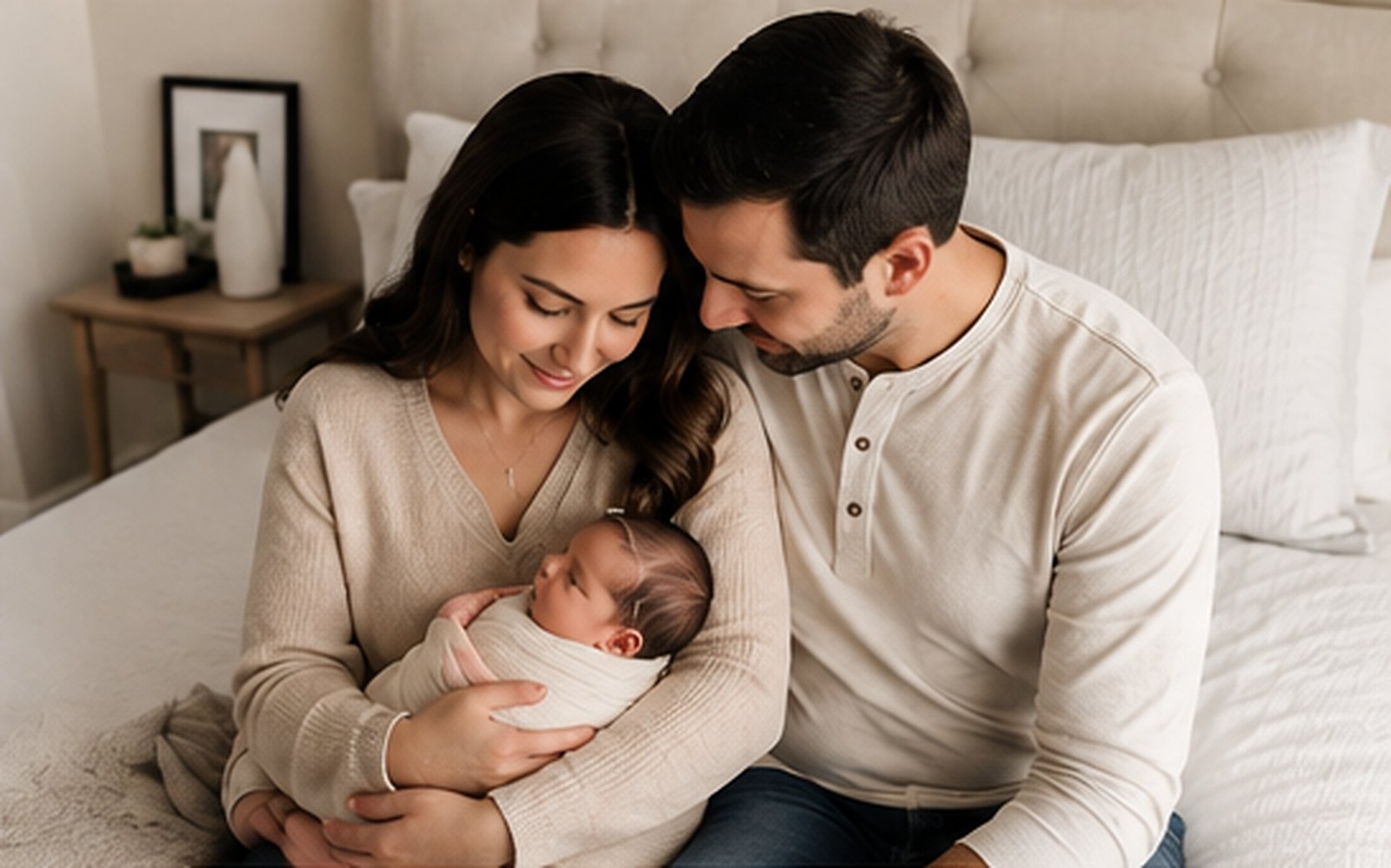 Parents holding their newborn baby together, foreheads touching
