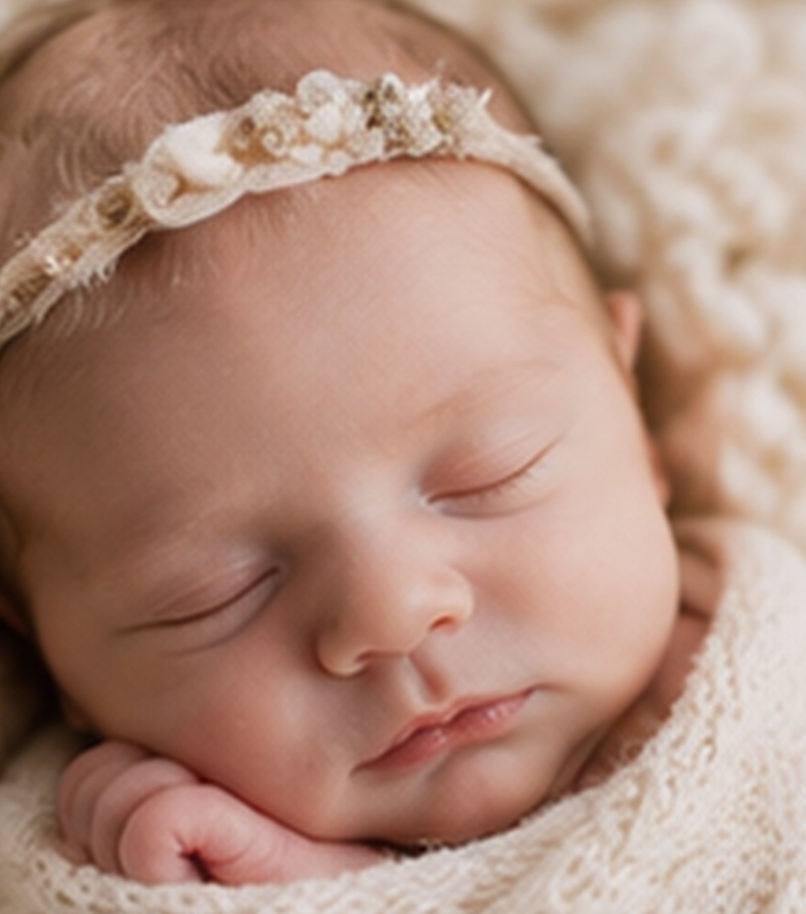 Close-up detail of a sleeping newborn baby’s face and headband