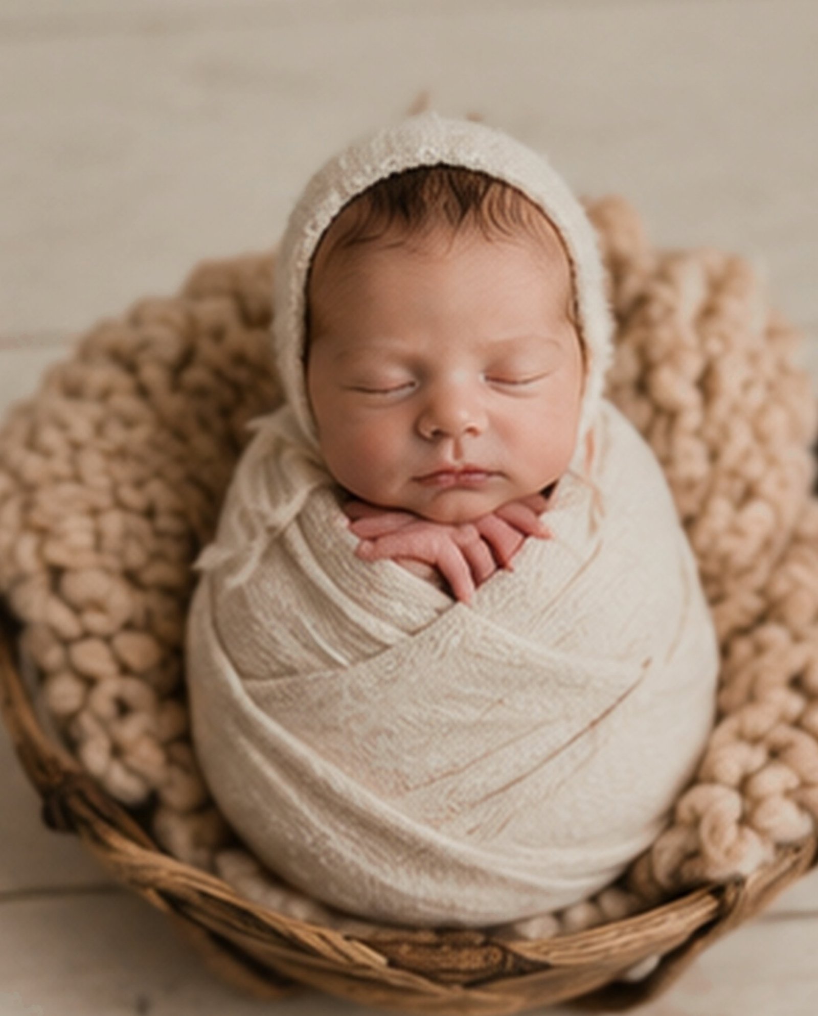 Newborn baby wrapped in sage green, wearing a floral headband