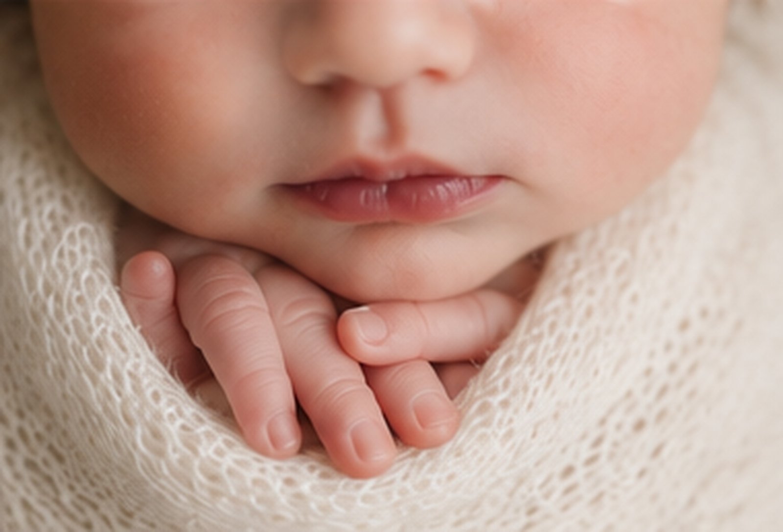 Close-up detail of a newborn baby’s lips and hands