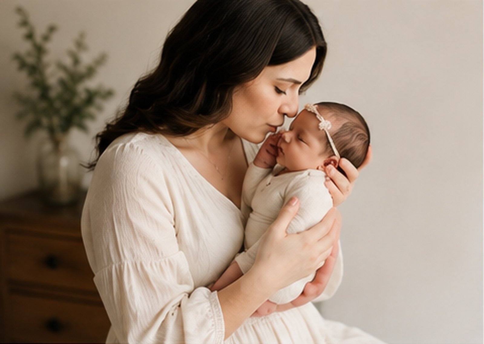 Mother kissing her swaddled newborn baby’s forehead in a softly lit nursery