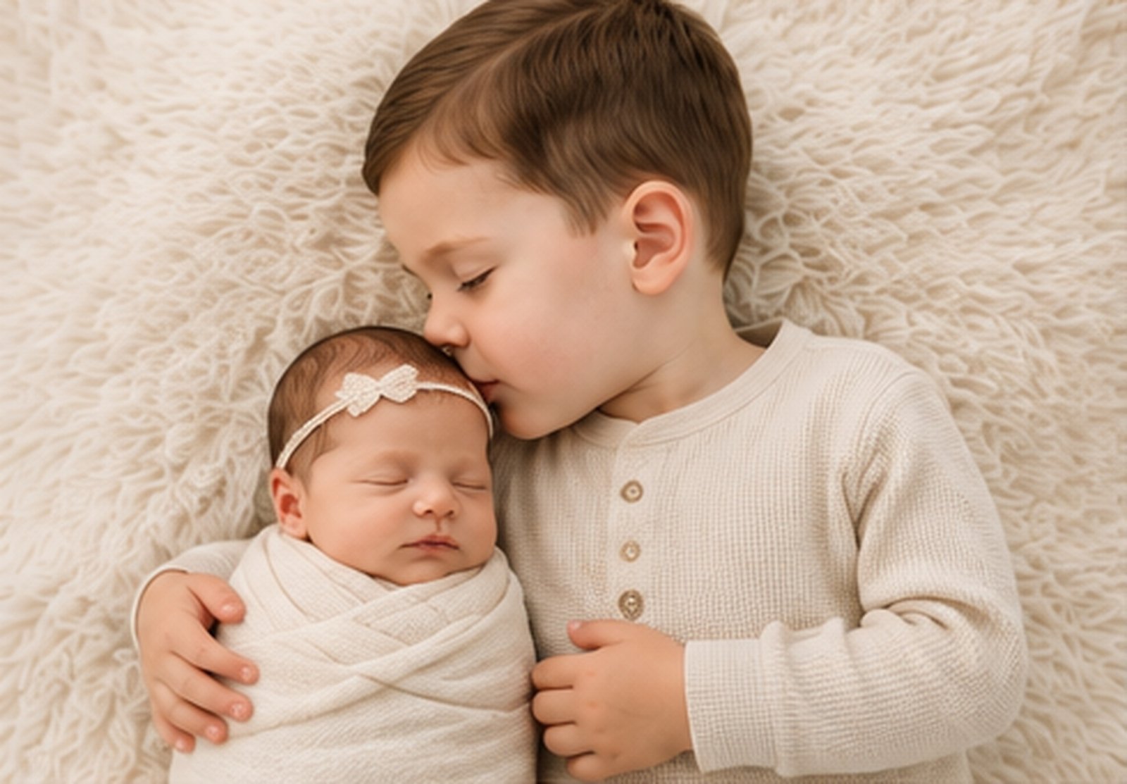 Toddler sibling lying beside and embracing a sleeping newborn baby