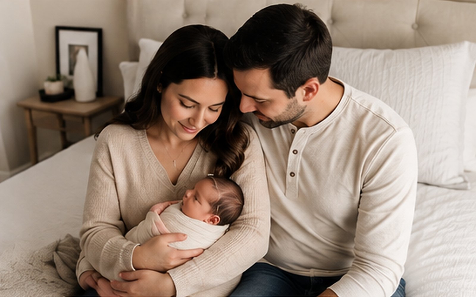 Parents sitting together on a bed at home, smiling down at their swaddled newborn baby
