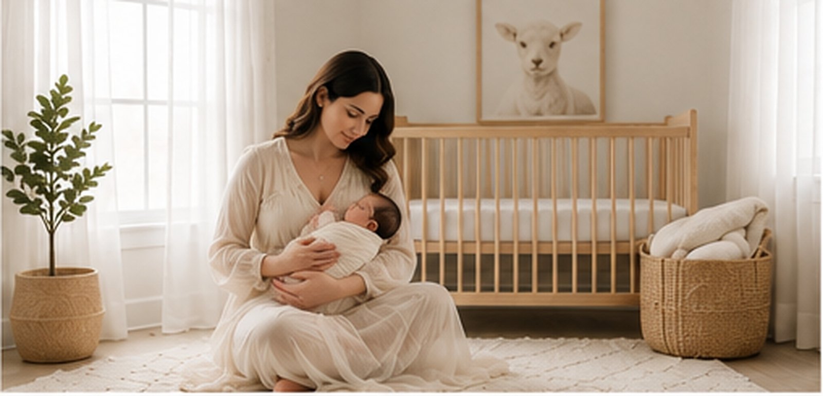 Newborn baby wearing a knit bear bonnet, chin resting on folded hands