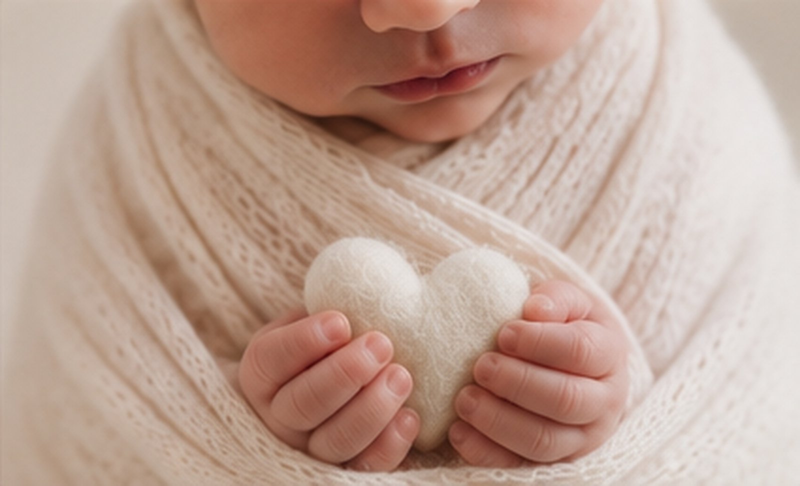 Newborn baby’s hands holding a small knit heart, swaddled in cream wraps