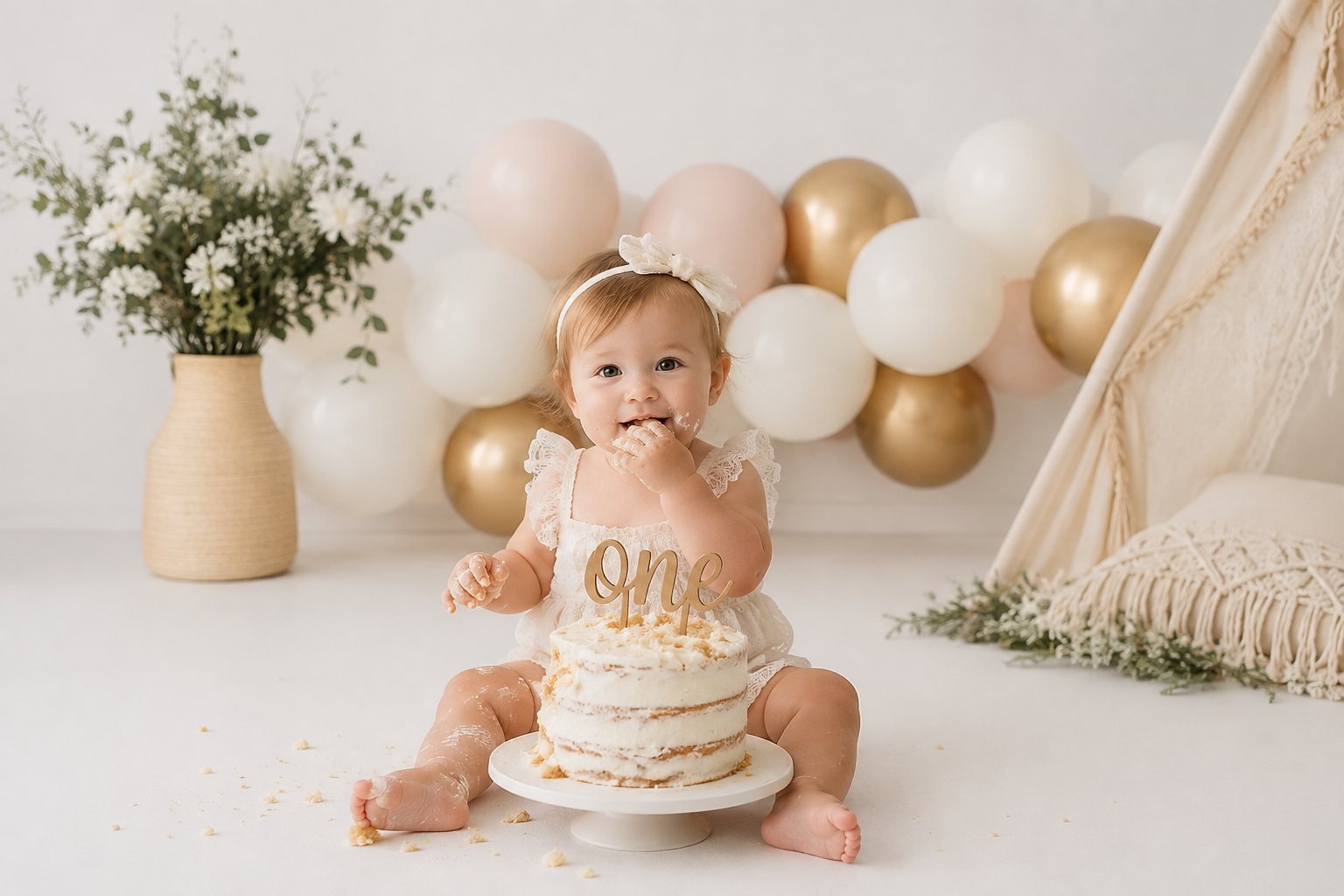 One-year-old in a lace romper laughing mid-bite during a cake smash session, surrounded by blush and gold balloons